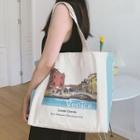 Printed Canvas Tote Bag White & Blue - One Size