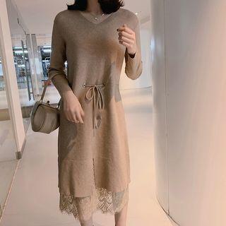 Lace Panel Long-sleeve Knit Dress Khaki - One Size