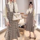 Set: Puff-sleeve Sweater + Midi Plaid Jumper Skirt