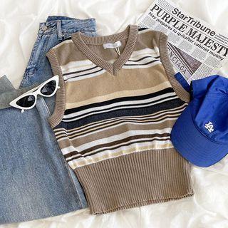 V-neck Striped Knit Vest Stripe - One Size