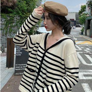 Sailor-collar Striped Cardigan Almond - One Size