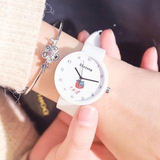 Set: Strawberry Print Strap Watch + Flower Bangle