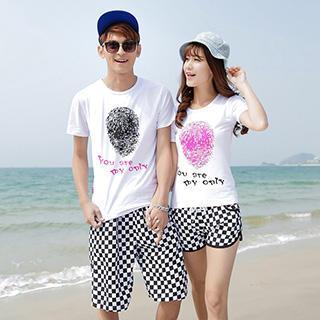 Set: Short-sleeve Printed Couple T-shirt + Printed Couple Shorts