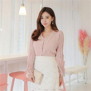 Collarless Puff-shoulder Textured Chiffon Blouse