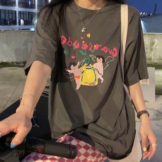 Elbow-sleeve Cartoon Print T-shirt Dark Gray - One Size