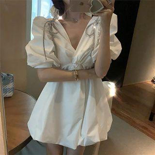 Puff-sleeve Rhinestone Bow Mini A-line Dress