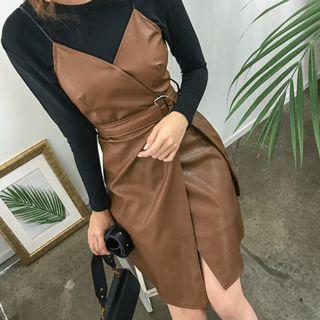 Sleeveless Belted Faux-leather Wrap Dress