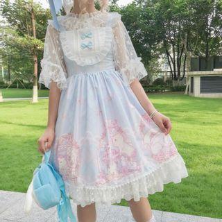 Set: Elbow-sleeve Mesh Top + Sleeveless Dress