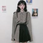 Plaid Long-sleeve Mini Shirt Dress / Side-slit High-waist Mini A-line Skirt