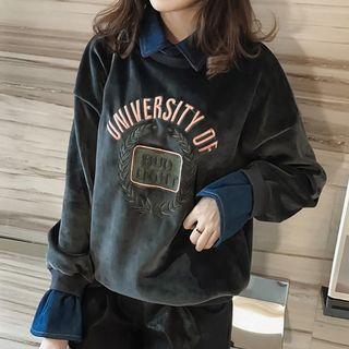 Letter Embroidered Denim Panel Pullover