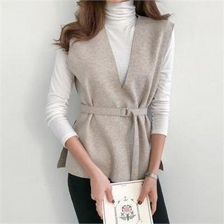 V-neck Sleeveless Slit-hem Vest With Belt