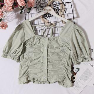 Ruffle Trim Puff-sleeve Shirred Cropped Blouse