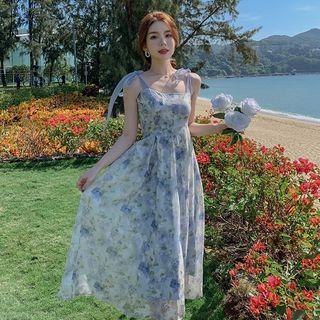 Sleeveless Sweetheart Neckline Floral Print Midi Smock Dress