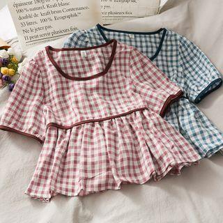 Puff-sleeve Checker Peplum Top