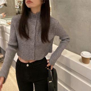 Turtleneck Plain Cropped Cardigan Gray - One Size