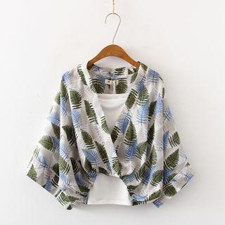 Set: 3/4-sleeve Leaf Print Top + Camisole Green - One Size