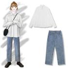 Set : Retro Folds Shirt + High Waist Jeans