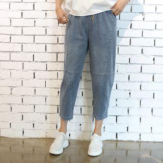 Band-waist Baggy Denim Pants Blue - One Size