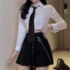 Crop Shirt With Necktie / Pleated Mini A-line Skirt