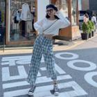 Plain Long-sleeve Crop Top / Plaid High-waist Cropped Wide-leg Pants