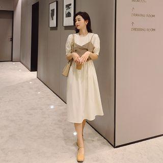Set: Puff-sleeve Midi A-line Dress + Cropped Camisole Top