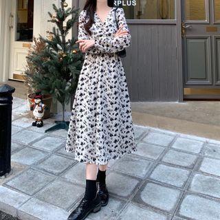 Long-sleeve V-neck Floral Printed Midi Dress (various Designs)