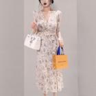 3/4-sleeve Paisley Print Midi A-line Dress