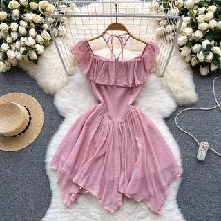 Sleeveless Square-neck Ruffle Asymmetrical Hem Chiffon Dress