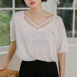 Short-sleeve Cross Strap T-shirt White - One Size