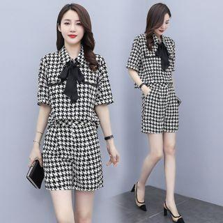 Set: Short Sleeve Houndstooth Bow Accent Shirt + Shorts