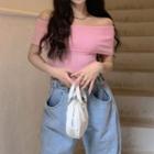 Off-shoulder Plain T-shirt / High Waist Wide Leg Jeans