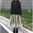 Long-sleeve Drawstring Shirt / Mesh Panel Midi Skirt