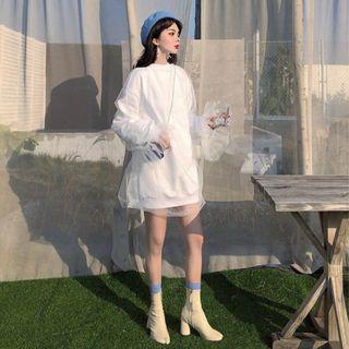 Bell-sleeve Mesh-overlay Pullover White - One Size