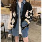 Inset Denim Shirt Poker Print Knit Cardigan As Shown In Figure - One Size