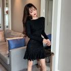 Ruffle Hem Glitter Long-sleeve Mini T-shirt Dress