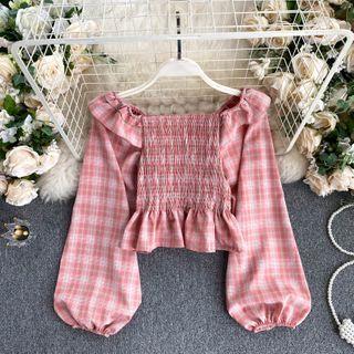 Ruffle Off-shoulder Puff-sleeve Plaid Top