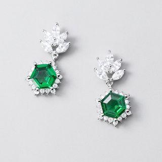 Rhinestone Hexagon Drop Earring 1 Pair - Silver & Green - One Size