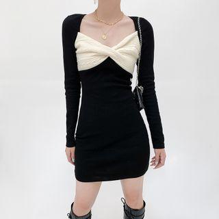 Long-sleeve Twisted Two-tone Mini Sheath Dress
