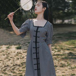 Short-sleeve Checked Frog-buttoned A-line Midi Dress