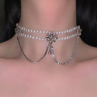 Flower Rhinestone Faux Pearl Layered Choker Silver - One Size