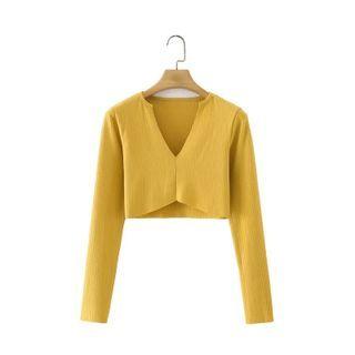Long-sleeve Notch-neck Cropped Knit Top Yellow - One Size