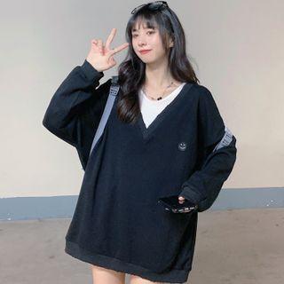 Mock Two-piece Smiley Embroidered Sweatshirt