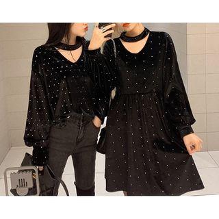 Dotted Pleuche Blouse / Balloon-sleeve A-line Dress