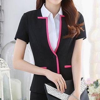 Short-sleeve Contrast Trim Blazer / Fitted Skirt