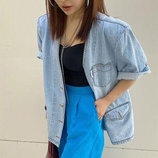Short-sleeve V-neck Denim Jacket Blue - One Size