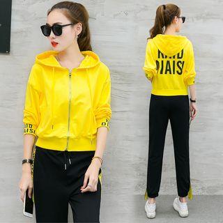 Set: Lettering Hooded Zip Jacket + Drawstring Paneled Pants