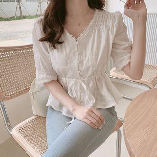 Elbow-sleeve Tie-waist Plain Blouse