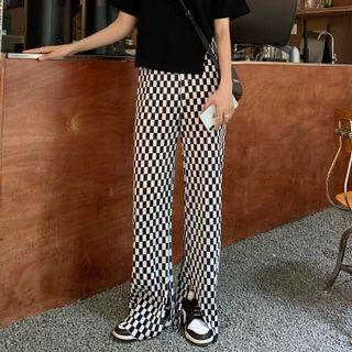 Checkered Slit Straight-leg Pants
