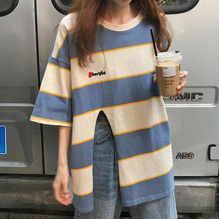 3/4-sleeve Striped Slit T-shirt