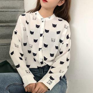 Cat Print Band Collar Shirt White - One Size